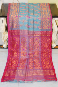 Soft Zari Brocade Dhakai Jamdani Saree in Light Grey, Hot Pink and Copper