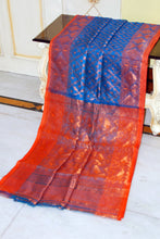 Soft Zari Brocade Dhakai Jamdani Saree in Egyptian Blue, Orange and Copper