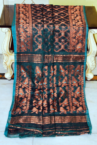 Soft Zari Brocade Dhakai Jamdani Saree in Phthalo Green, Cyan and Copper