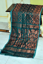 Soft Zari Brocade Dhakai Jamdani Saree in Phthalo Green, Cyan and Copper