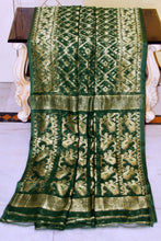 Soft Zari Brocade Dhakai Jamdani Saree in Bottle Green, Green and Golden