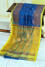 Soft Zari Brocade Dhakai Jamdani Saree in Cobalt Blue, Fluorescent Green and Copper