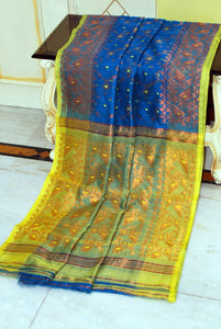 Soft Zari Brocade Dhakai Jamdani Saree in Cobalt Blue, Fluorescent Green and Copper