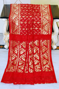 Soft Zari Brocade Dhakai Jamdani Saree in Red and Golden