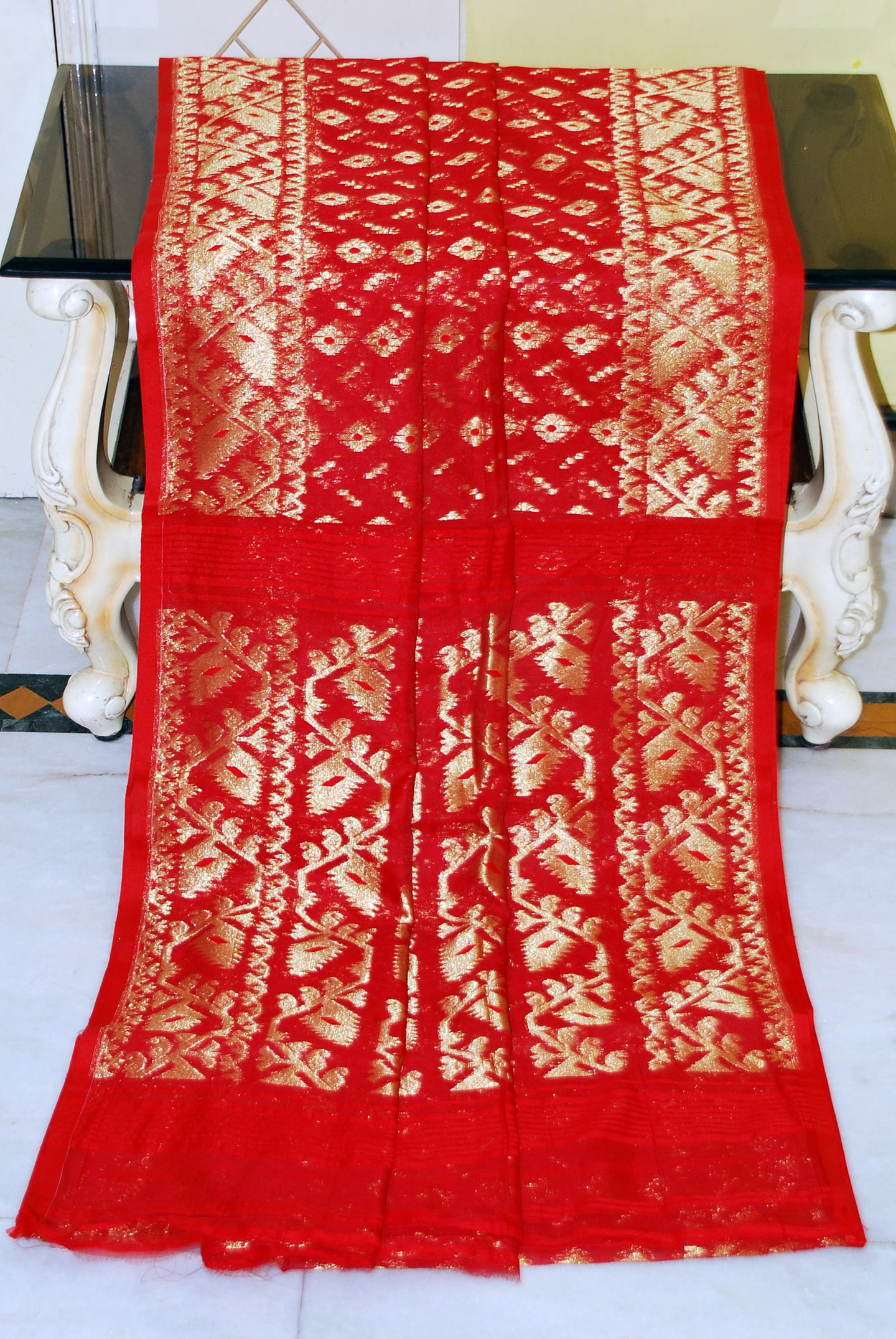 Soft Zari Brocade Dhakai Jamdani Saree in Red and Golden