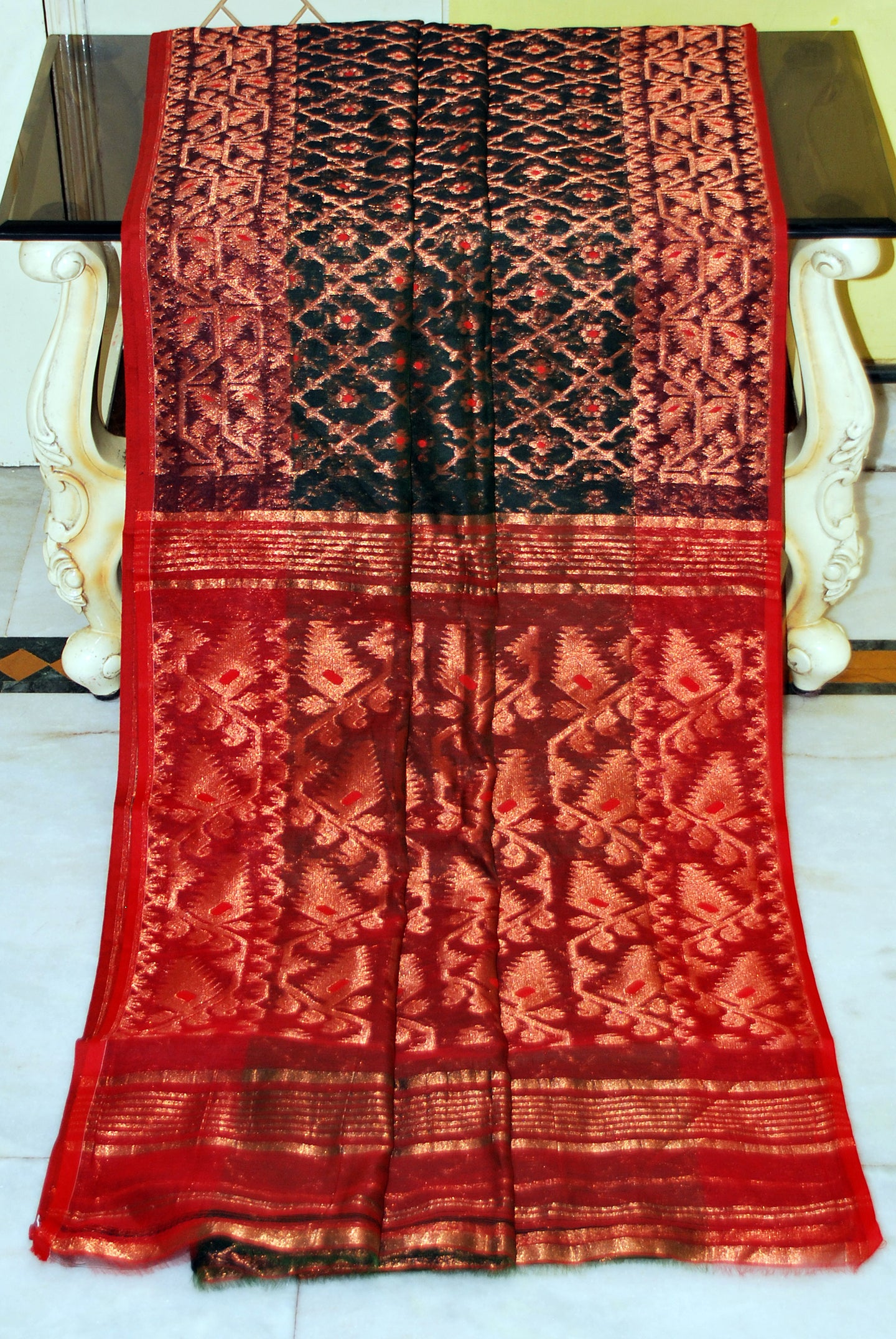 Soft Zari Brocade Dhakai Jamdani Saree in Black, Red and Copper