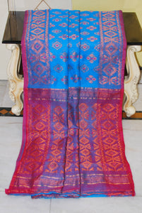 Soft Zari Brocade Dhakai Jamdani Saree in Blue, Hot Pink and Copper