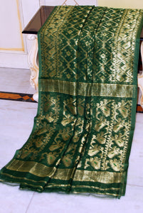 Soft Zari Brocade Dhakai Jamdani Saree in Bottle Green, Green and Golden