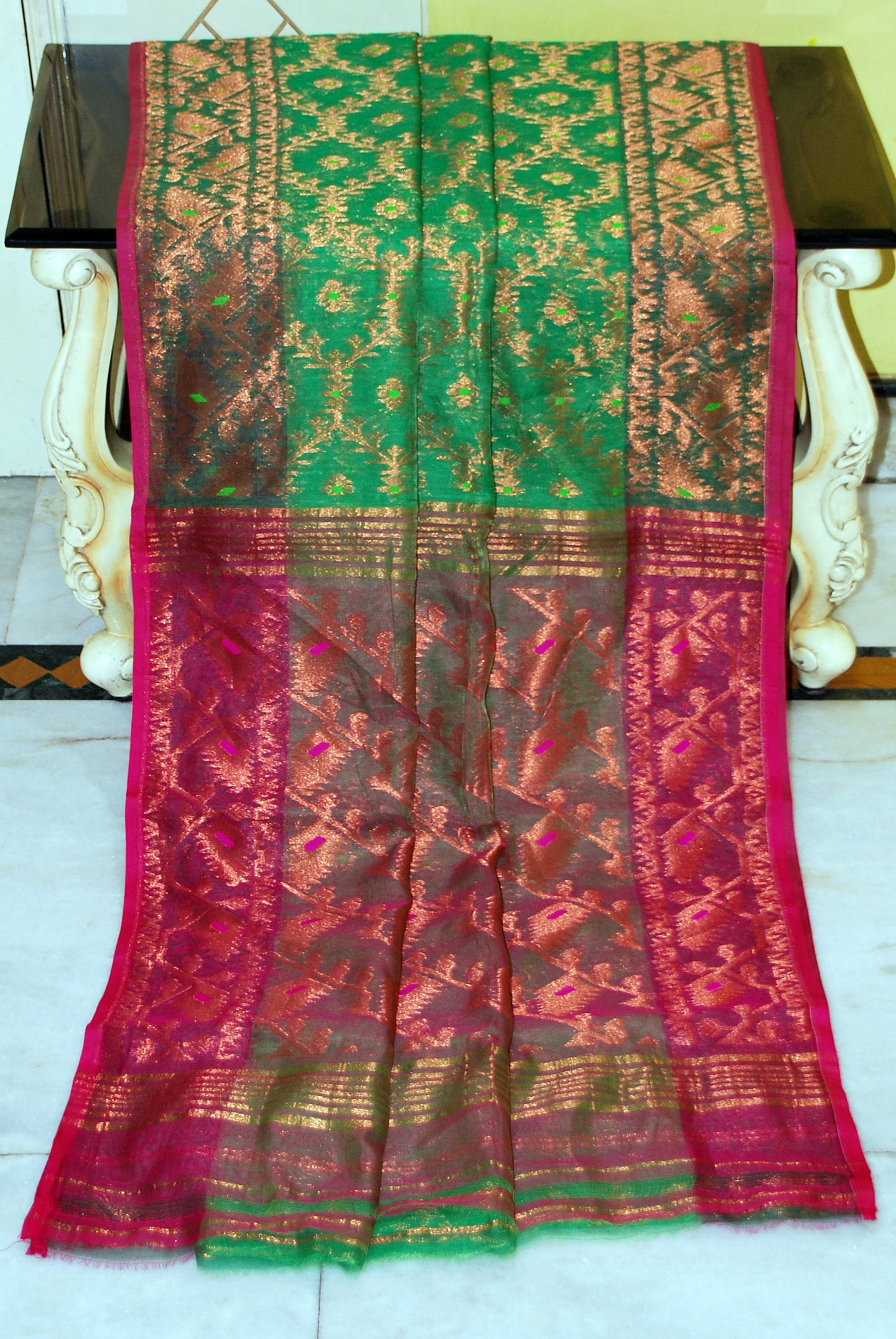 Soft Zari Brocade Dhakai Jamdani Saree in Green, Hot Pink and Golden