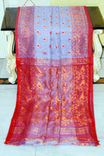 Soft Zari Brocade Dhakai Jamdani Saree in Pastel Blue, Red and Golden