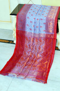 Soft Zari Brocade Dhakai Jamdani Saree in Pastel Blue, Red and Golden