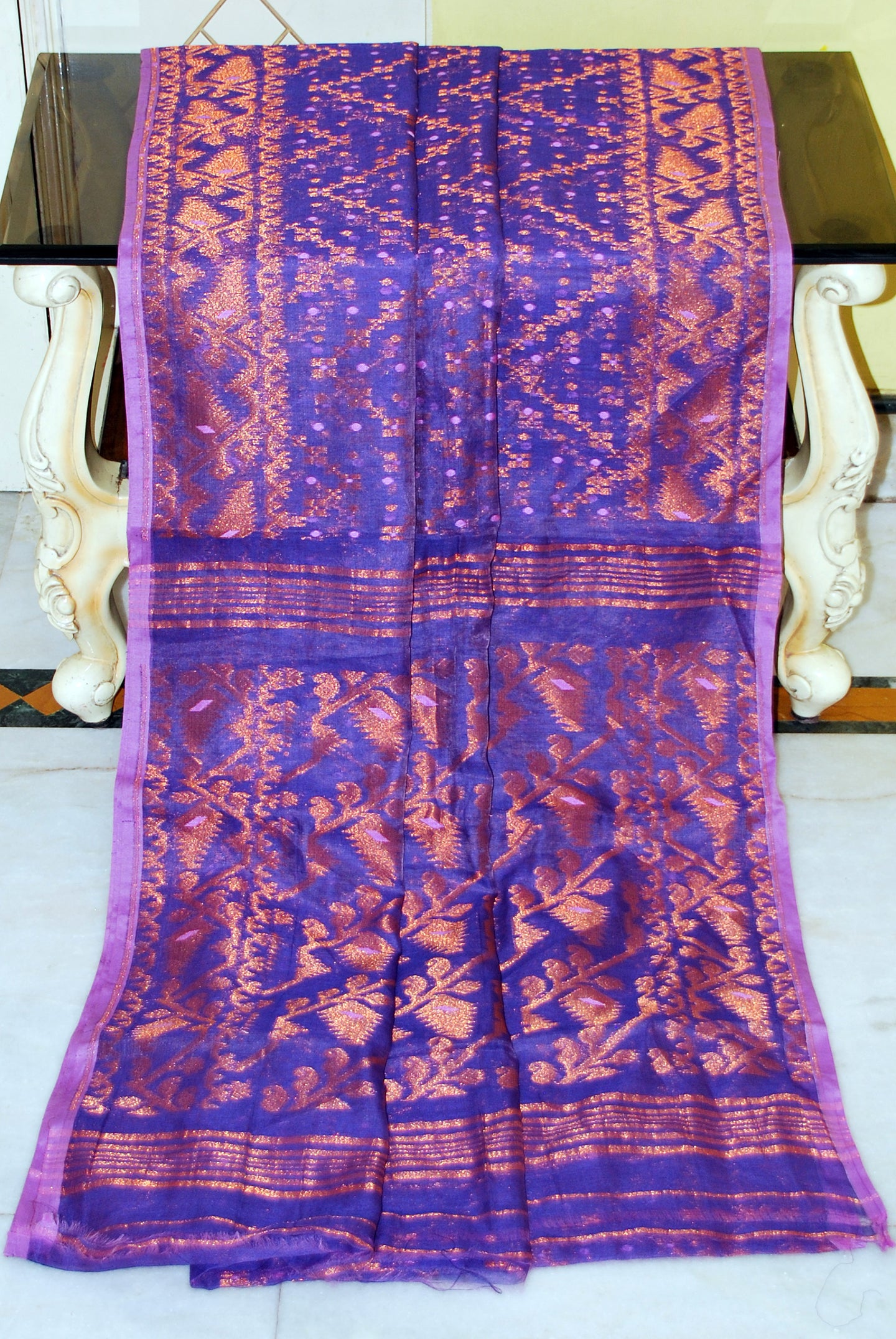 Soft Zari Brocade Dhakai Jamdani Saree in Purple, Pink and Copper