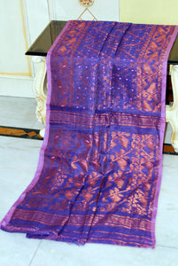 Soft Zari Brocade Dhakai Jamdani Saree in Purple, Pink and Copper