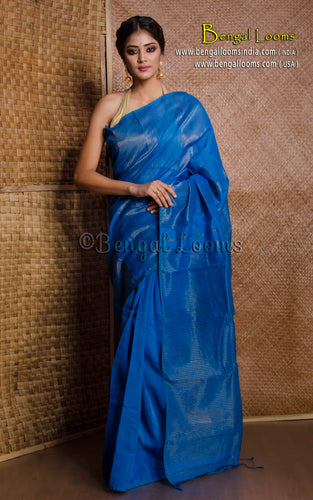 Temple Border Khadi Cotton Silk Saree in Blue and Gold - Bengal Looms India
