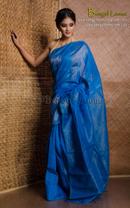 Temple Border Khadi Cotton Silk Saree in Blue and Gold - Bengal Looms India