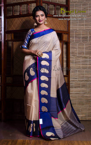 Cotton Silk Banarasi Saree with Satin Border in Beige and Blue - Bengal Looms India