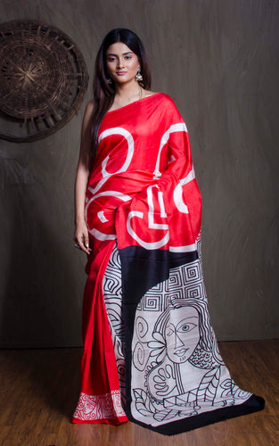 Printed Pure Silk Saree in Red and Black - Bengal Looms India