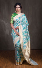 Semi Katan Silk Banarasi Saree in Off White, Blue and Gold - Bengal Looms India