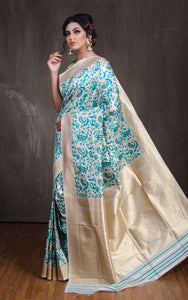 Semi Katan Silk Banarasi Saree in Off White, Blue and Gold - Bengal Looms India