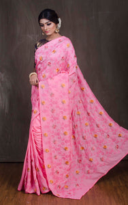 Embroidery Work Chinnon Silk Saree in Pink - Bengal Looms India