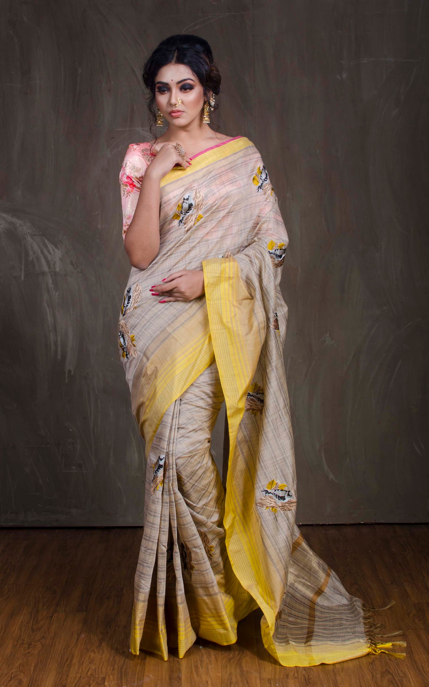 Embroidery Work Semi Tussar Saree in Beige and Yellow - Bengal Looms India
