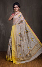 Embroidery Work Semi Tussar Saree in Beige and Yellow - Bengal Looms India