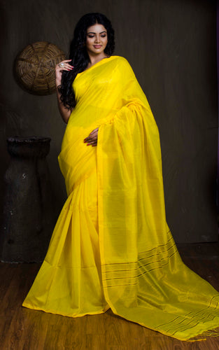 Pure Handloom Khadi Cotton Silk Saree with Gold Temple Border in Bright Yellow - Bengal Looms India