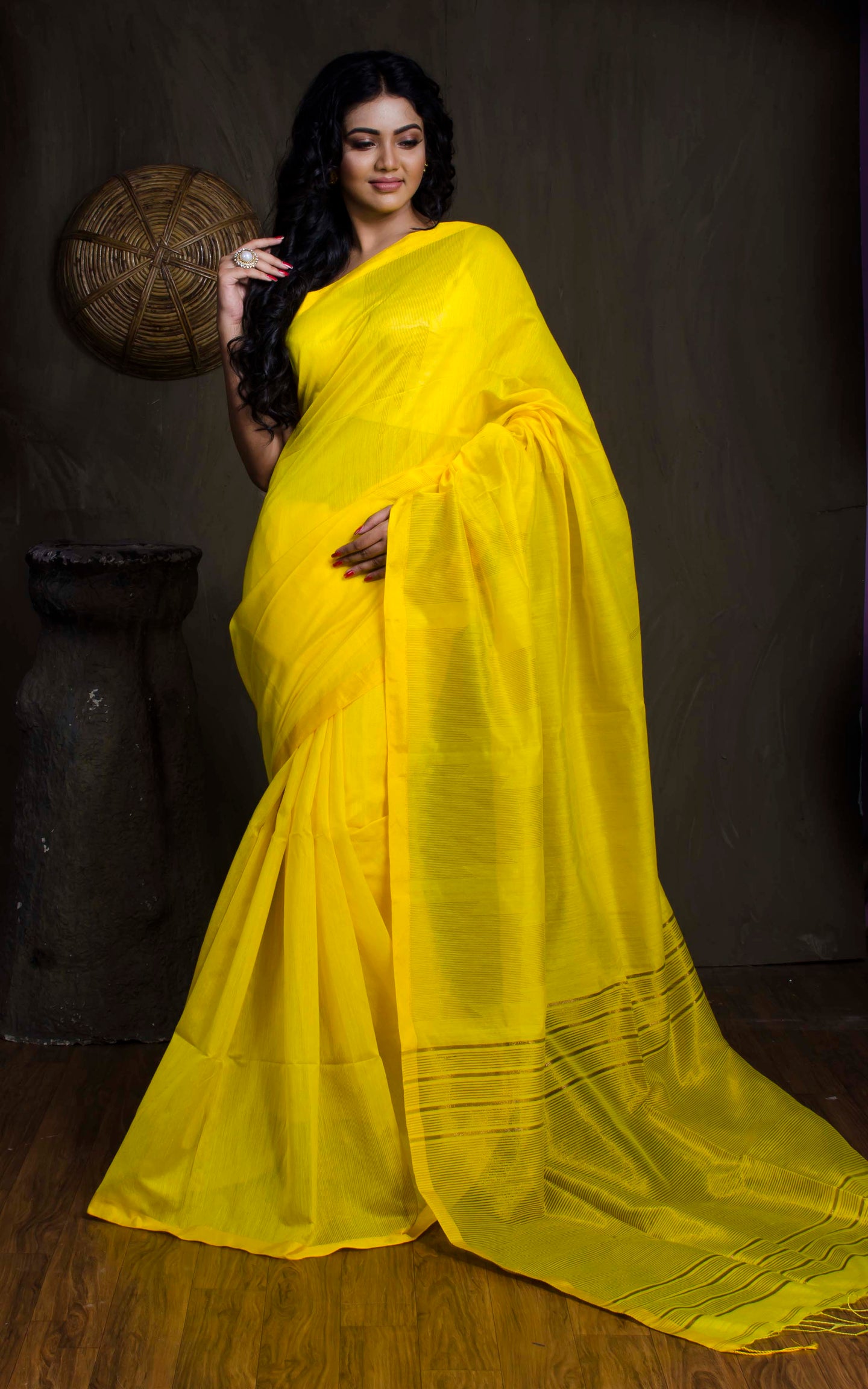 Pure Handloom Khadi Cotton Silk Saree with Gold Temple Border in Bright Yellow - Bengal Looms India