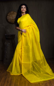 Handwoven Crowned Temple Border Soft Cotton Kanjivaram Saree in Bright Yellow
