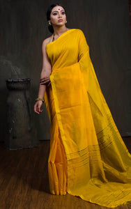 Handloom Khadi Cotton Silk Saree with Temple Border in Yellow - Bengal Looms India