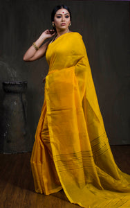 Handwoven Crowned Temple Border Soft Cotton Kanjivaram Saree in Sunshine Yellow