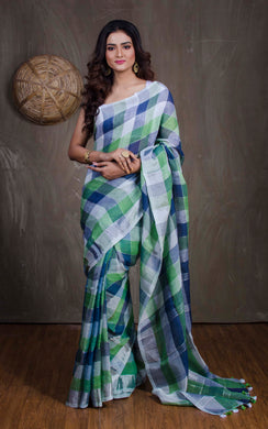 Linen Checks Saree in Off White, Green and Blue - Bengal Looms India