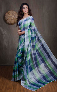 Linen Checks Saree in Off White, Green and Blue - Bengal Looms India