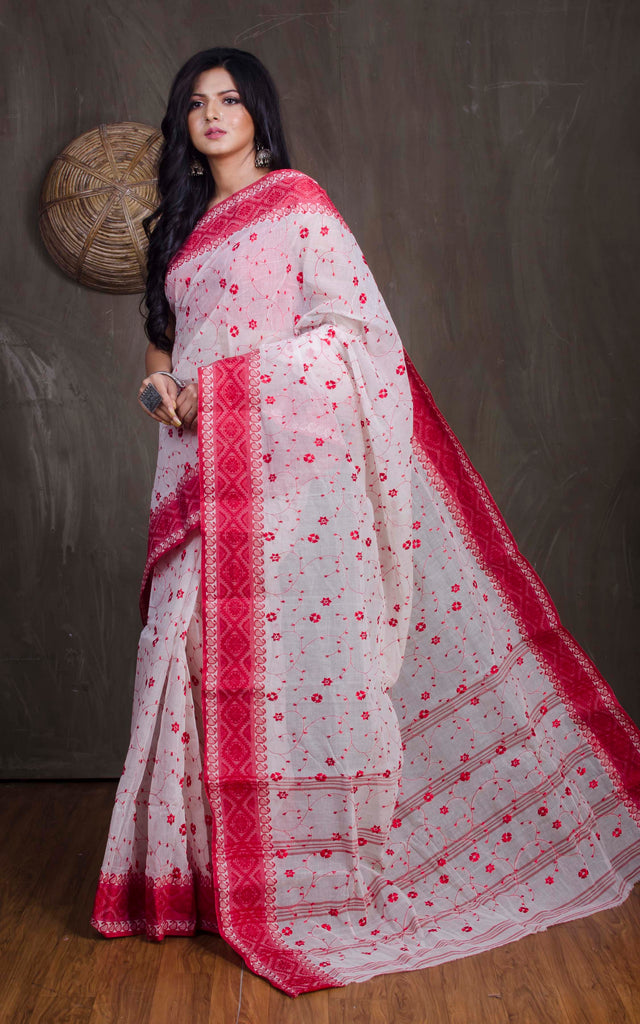 Bengal Handloom Cotton Saree With Floral Jaal Embroidery Work In White ...