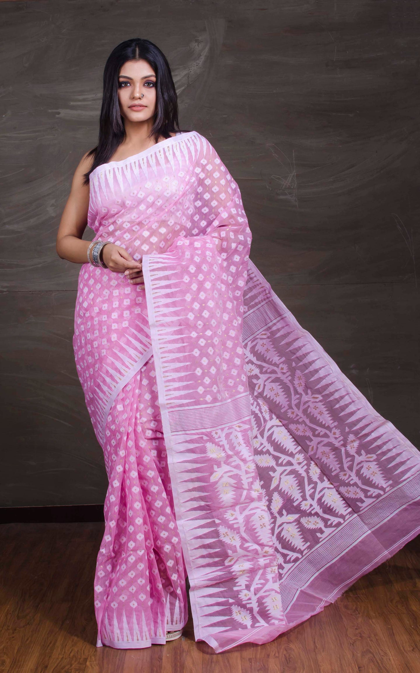 Traditional Soft Jamdani Saree in Baby Pink and White