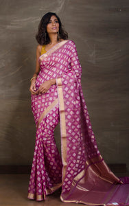 Resham Cotton Banarasi Jamdani Saree in Purple, Off White and Matt Gold