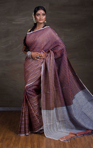 Pure Handloom Checks Linen Saree in Brown - Bengal Looms India