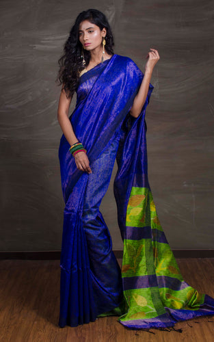 Exclusive Brocade Matka Tussar Silk Saree with Jamdani Pallu in Royal Blue and Green