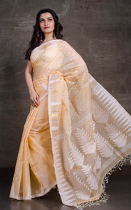 Handloom Tussar Silk Jamdani Saree in Light Beige, Off White and Gold