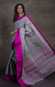 Bengal Handloom Satin Silk Border Cotton Saree in Steel Grey and Magenta