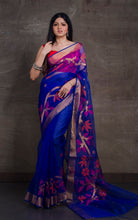 Skirt Border Work Muslin Jamdani Saree in Royal Blue and Multicolored Thread Work