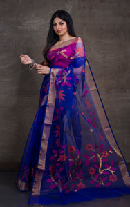 Skirt Border Work Muslin Jamdani Saree in Royal Blue and Multicolored Thread Work