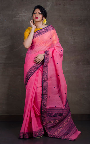 Bengal Handloom Cotton Baluchuri Saree in Rose Pink, Dark Blue and Beige