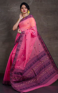 Bengal Handloom Cotton Baluchuri Saree in Rose Pink, Dark Blue and Beige