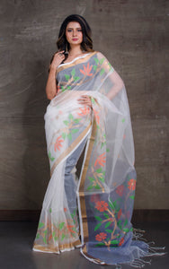 Skirt Border Work Muslin Jamdani Saree in Off White and Multicolored Thread Work