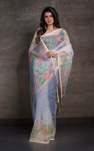 Skirt Border Work Muslin Jamdani Saree in Off White and Multicolored Thread Work