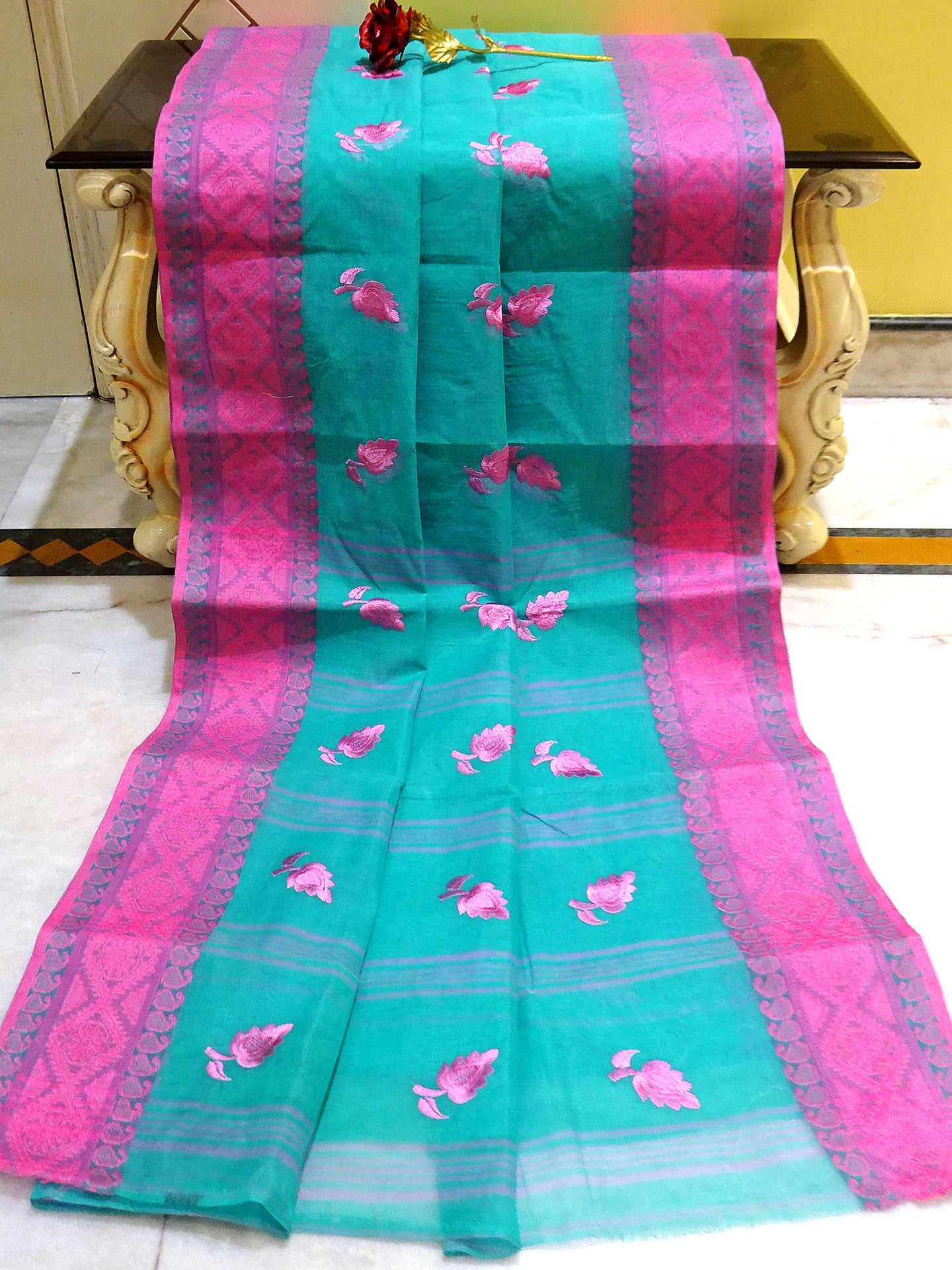 Bengal Handloom Cotton Saree with Leaf Motif Embroidery Work in Turquoise and Taffy Pink