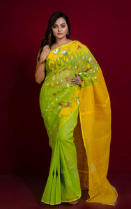 Hand Karat Work Muslin Jamdani Saree in Lime Green, Bright Yellow, Magenta and White