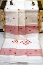 Rhombus Motif Pallu Hand Work Cotton Dhakai Jamdani Saree in Off White, Red and Muted Gold