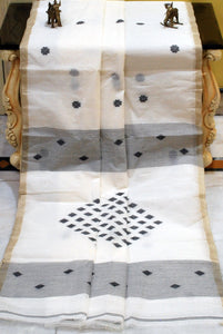 Rhombus Motif Pallu Hand Work Cotton Dhakai Jamdani Saree in Off White, Black and Muted Gold